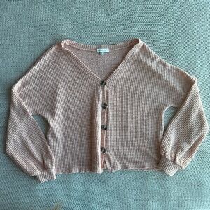 Hooked Up Women's M Pink V-Neck Button-Down Waffle Knit Cardigan Sweater